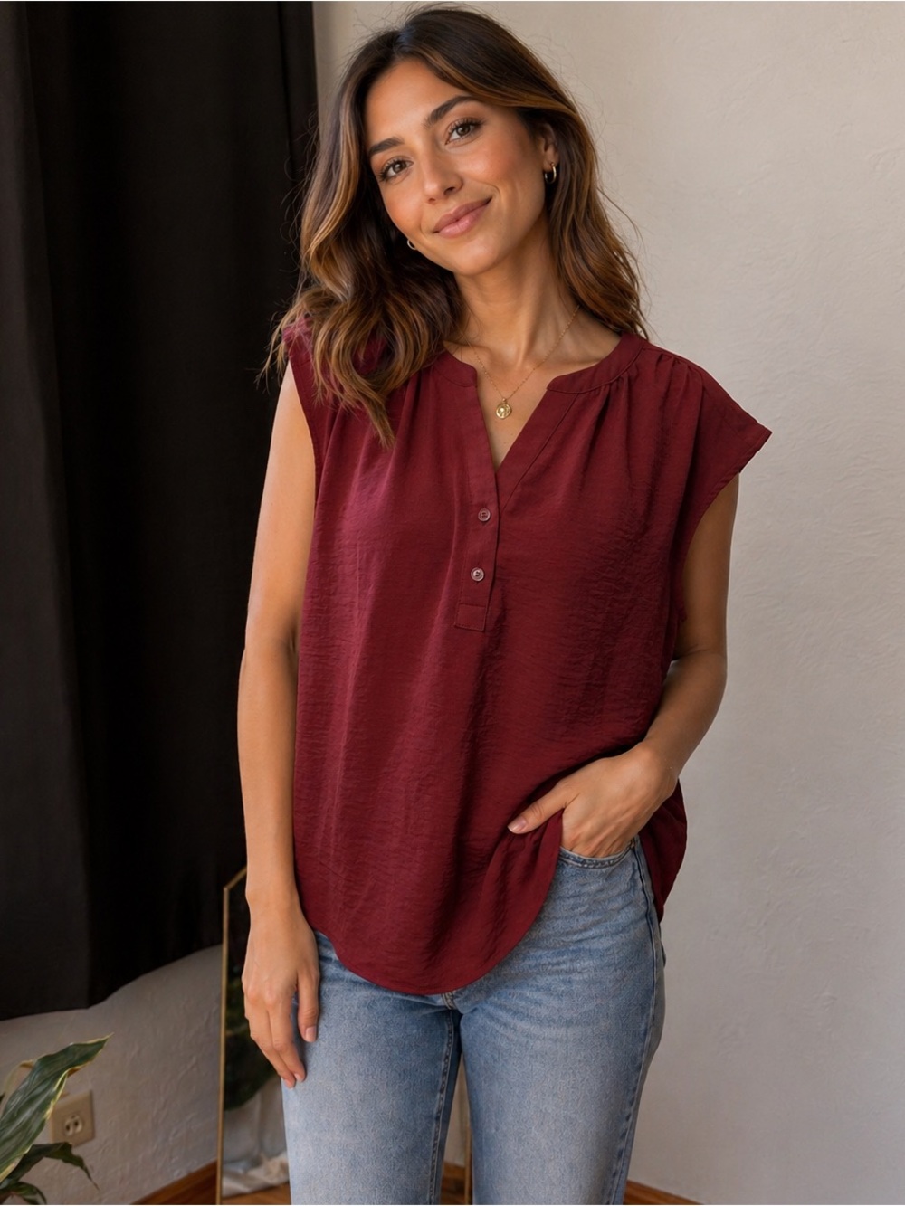 Burgundy Flutter Sleeve Blouse | Size Small | Lightweight Flowy Top